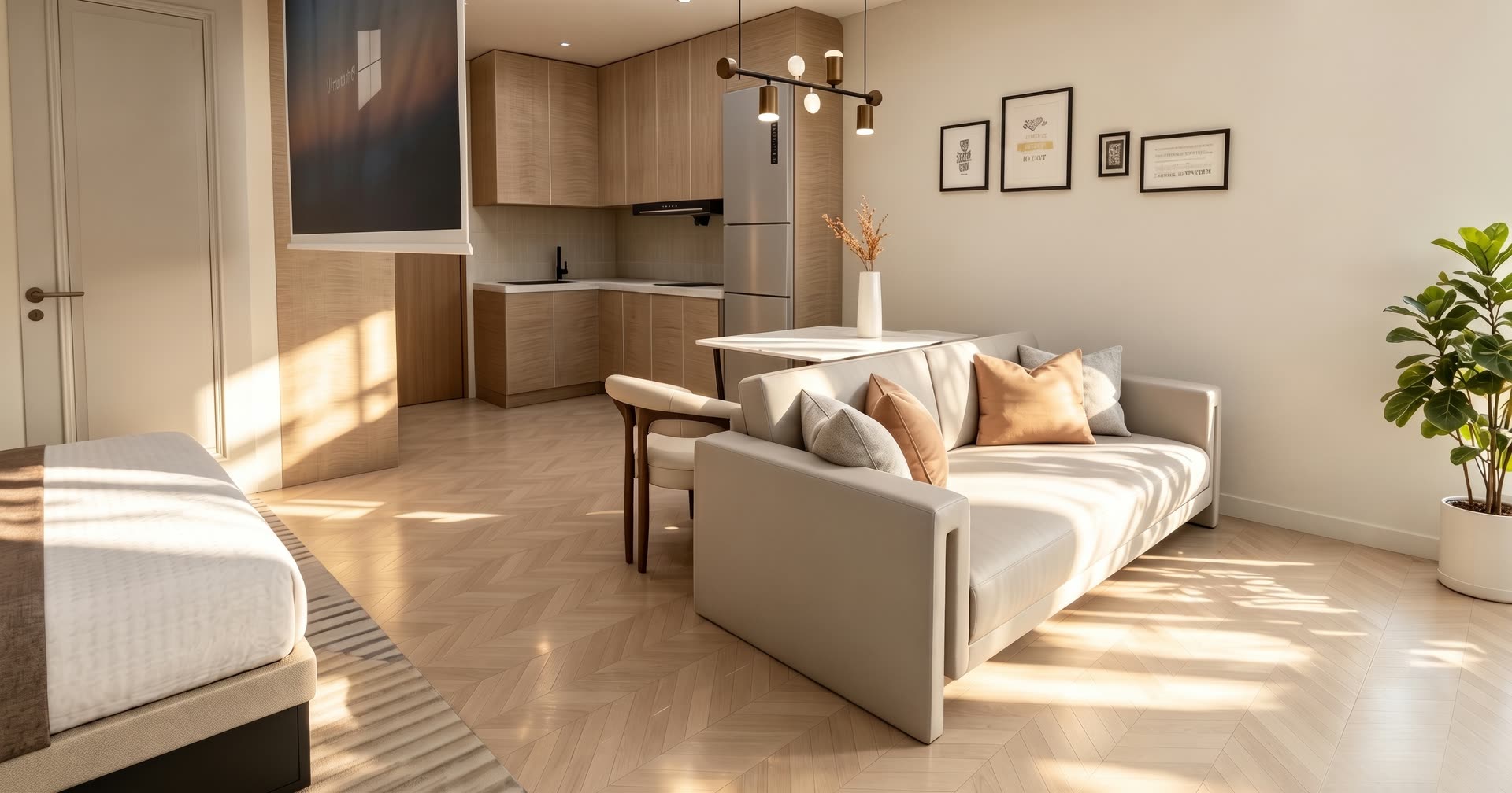 Dom 35 m² — salon z sofą i aneksem kuchennym