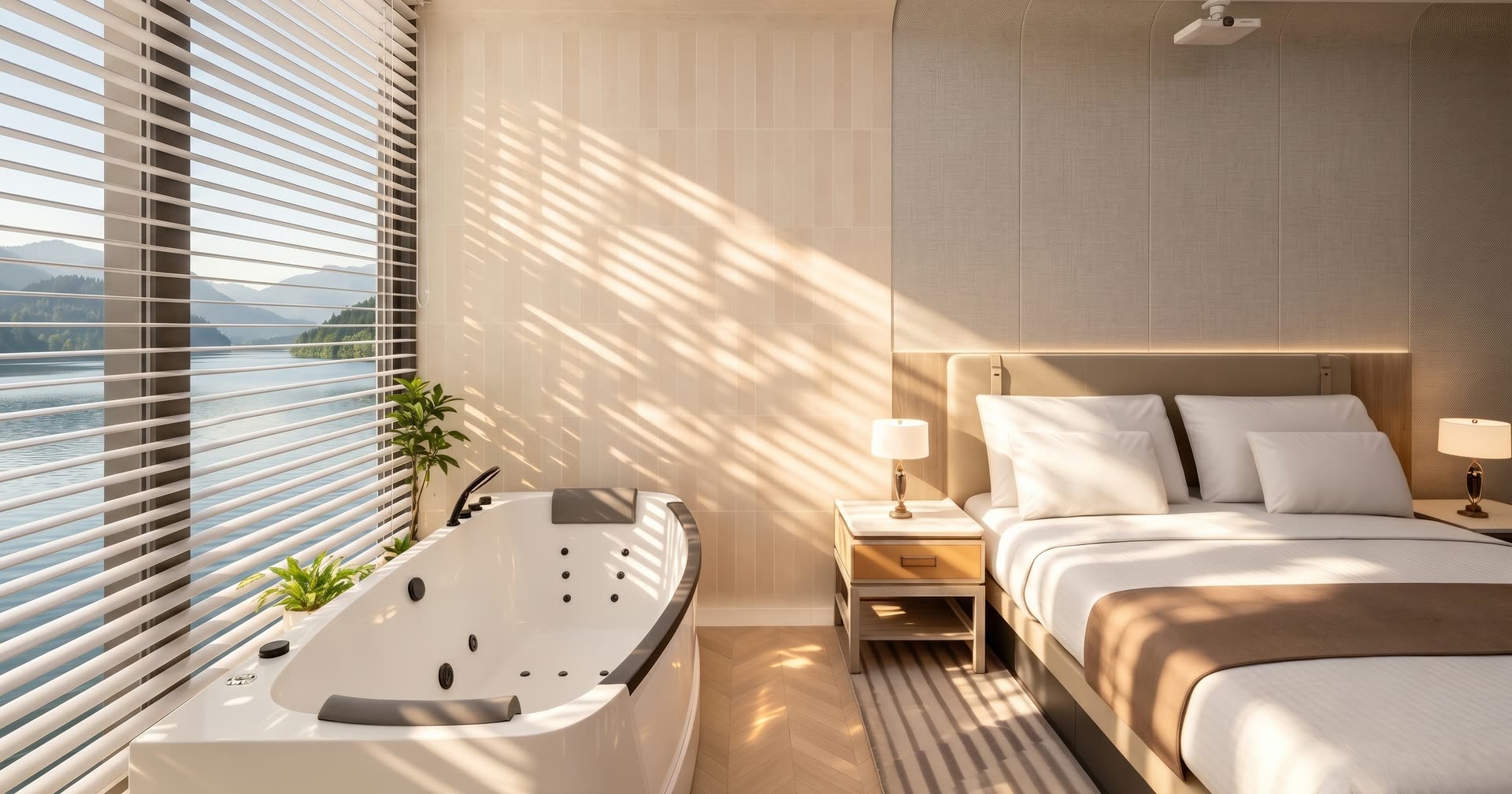 Dom 35 m² — sypialnia z wanną z hydromasażem przy oknie