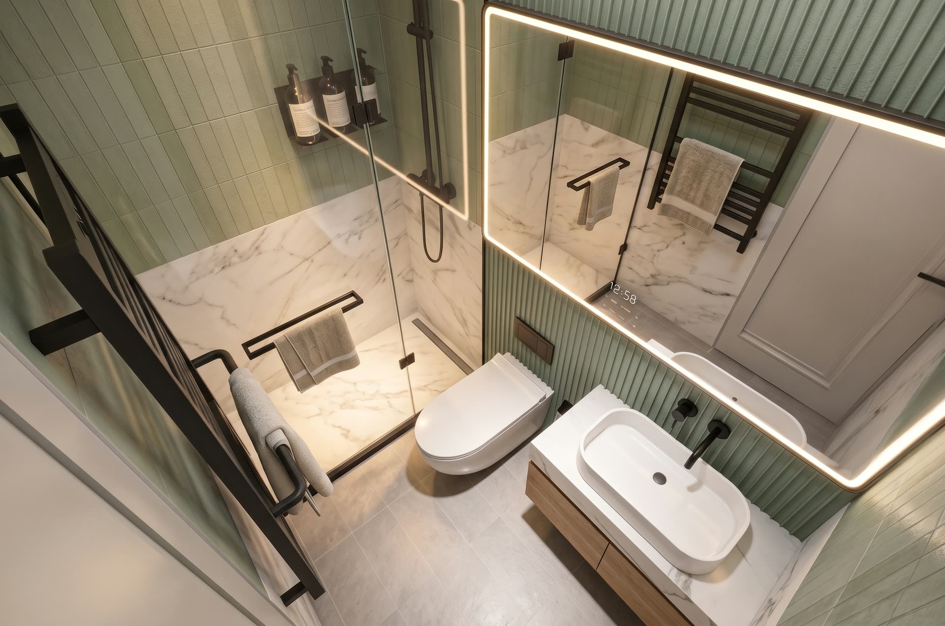 Dom 35 m² — łazienka z prysznicem walk-in i lustrem LED