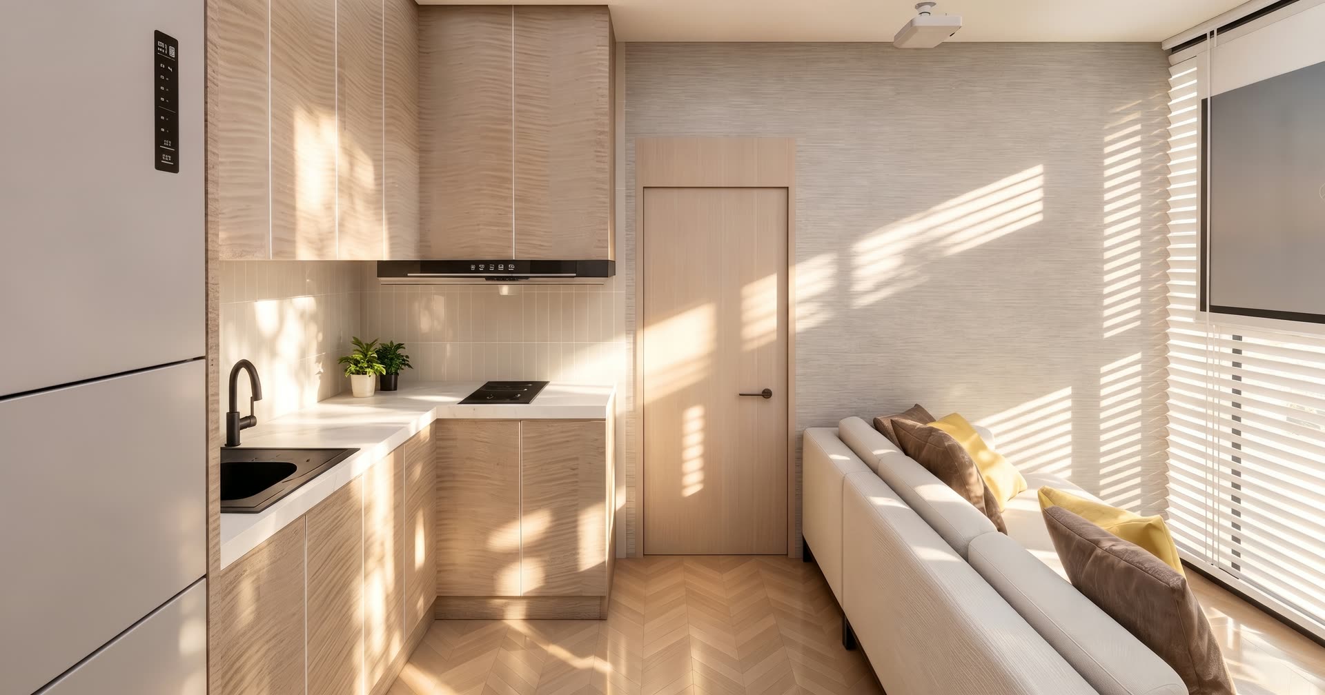 Dom 52 m² — aneks kuchenny i sofa w strefie dziennej