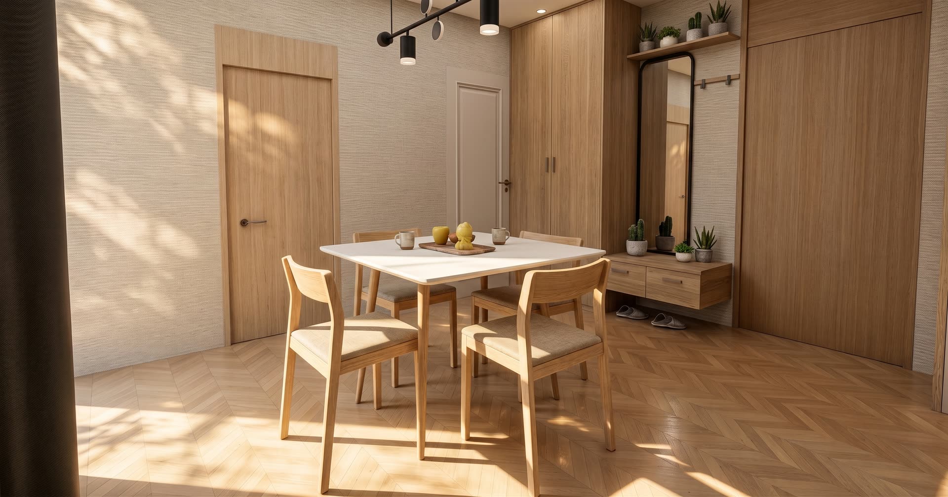 Dom 52 m² — jadalnia ze stołem i zabudową w drewnie