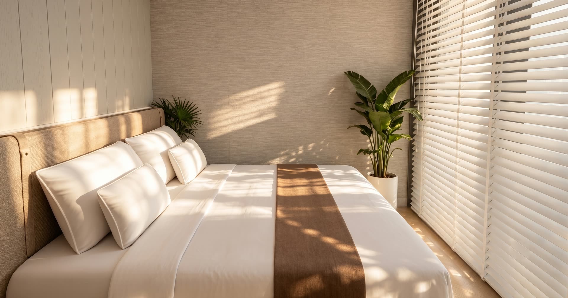 Dom 52 m² — sypialnia z podwójnym łóżkiem i żaluzjami