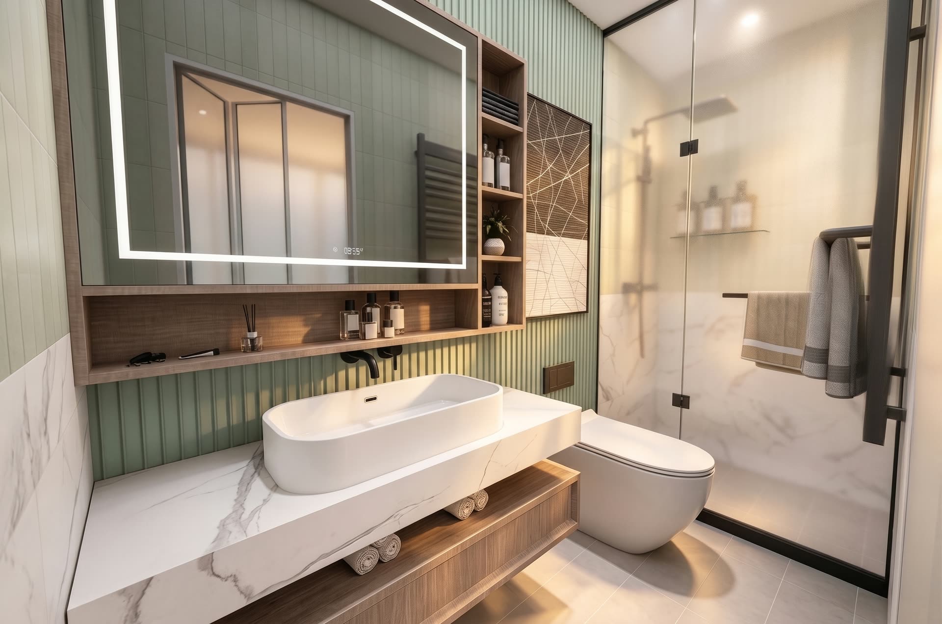 Dom 52 m² — łazienka z umywalką nablatową, lustrem LED i prysznicem walk-in