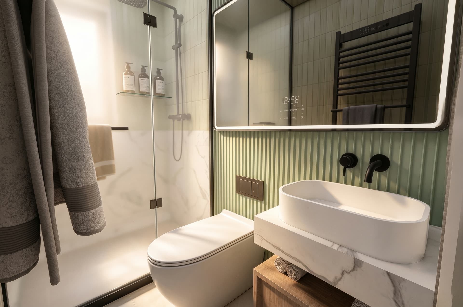 Dom 52 m² — prysznic walk-in za szklaną taflą i grzejnik na ręczniki
